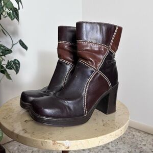 Vintage brown patchwork platform square toe faux leather chunky heeled boots
